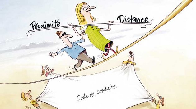 L'illustration du code de conduite représente deux personnes sur une corde raide, symbolisant à la fois la proximité et la distance.