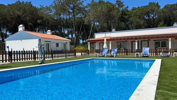 Vue sur la piscine avec élévateur, entourée de quelques chaises longues et, à l'arrière-plan, deux bungalows et des arbres.